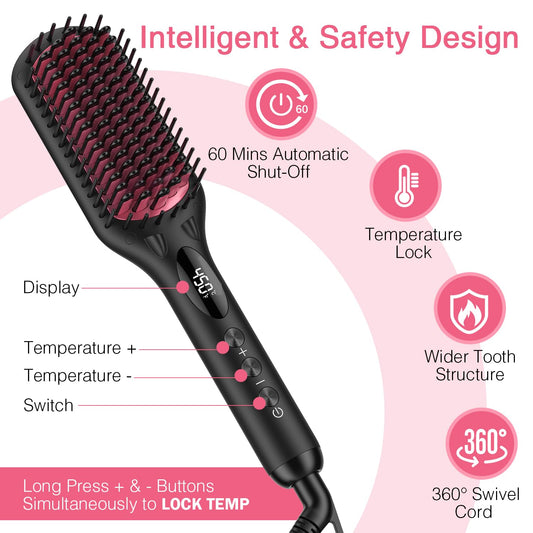 Enhanced Ceramic Hair Straightener Brush By Miropure, 2-In-1 Ionic Straightening Brush With Anti-Scald Feature, Auto Temperature Lock & Auto-Off Function (Black)