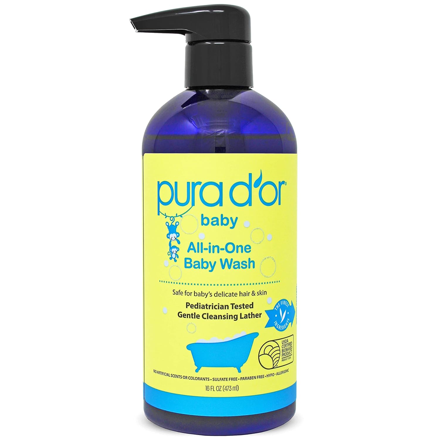 PURA D'OR All-in-One Calming Baby Wash & Shampoo (16 Oz) For Hair & Entire Body, Tear Free, Sulfate Free, Natural Aloe Vera, USDA Biobased Gentle Formula