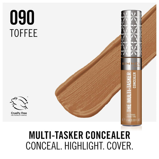 Rimmel London, Multi-Tasker Concealer, 110 Warm Coconut, Crease-Proof, Transfer-Proof, Waterproof, Up To 24-Hour Wear, Vegan Formula, 0.33Oz