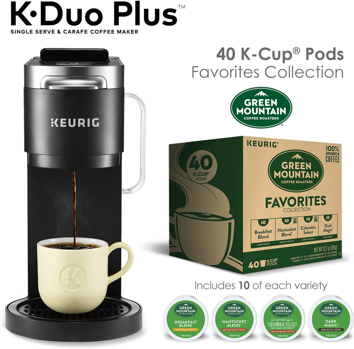 Keurig K-Duo Plus Coffee Maker, Single Serve K-Cup Pod And 12 Cup Carafe Brewer, With Green Mountain Favorites Collection K-Cup Pods, 40 Count