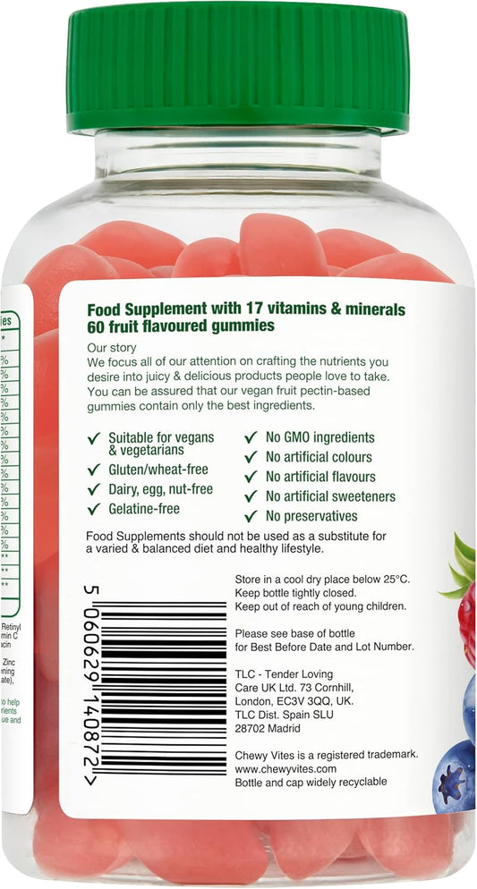 Chewy Vites Adult Immune Support, 60 Multivitamin Gummies, High Strength Vitamin D, Vitamin B6, B12, C, Zinc, Selenium, 2 Months Supply, Real Fruit Juice, Vegan, Orange Flavour