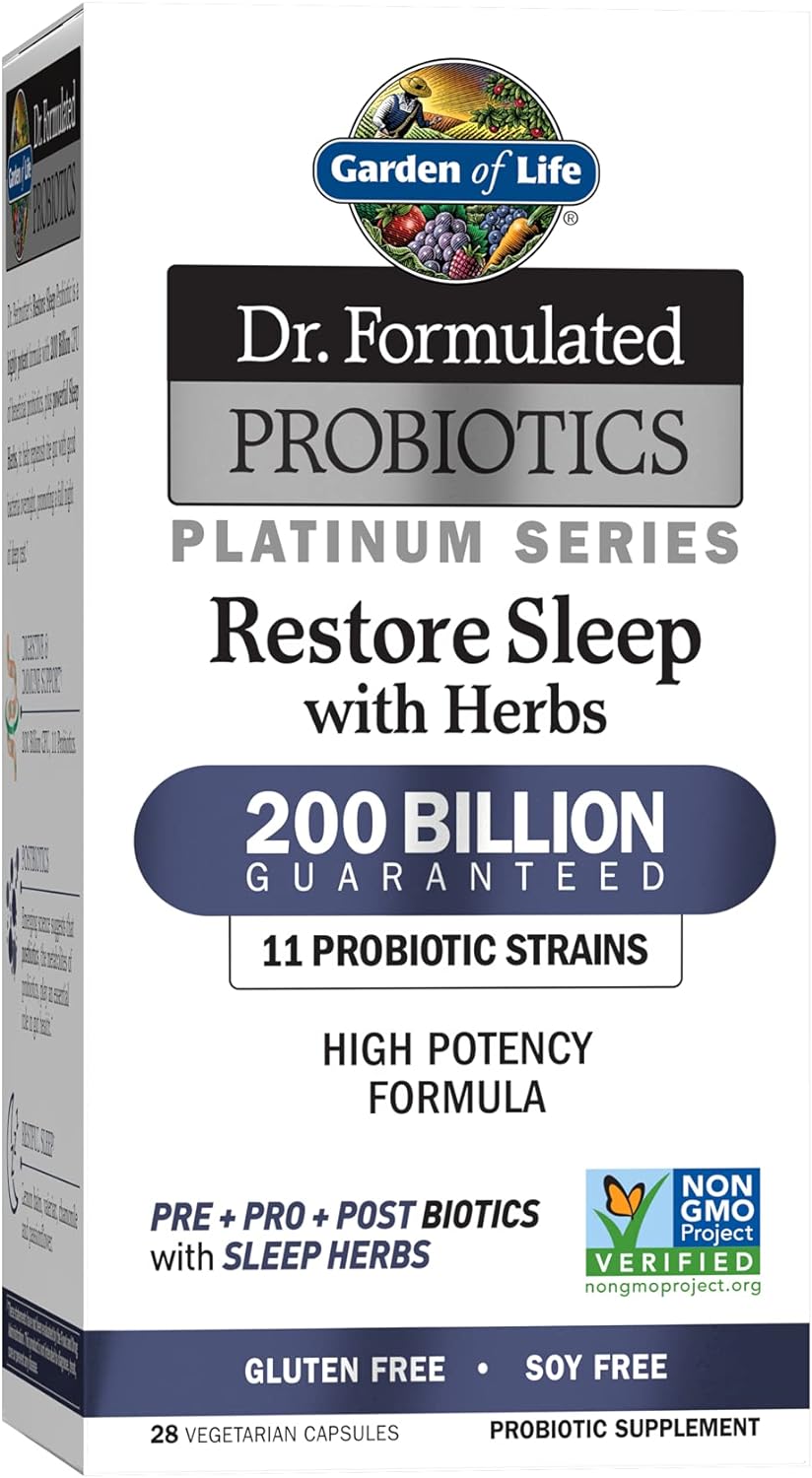 Garden of Life Dr. Formulated Probiotics Platinum Series Restore Sleep with Herbs 200 Billion CFU Guaranteed Plus Valerian Chamomile and More for Digestion, Immune Support, Restful Sleep, 28 Capsules