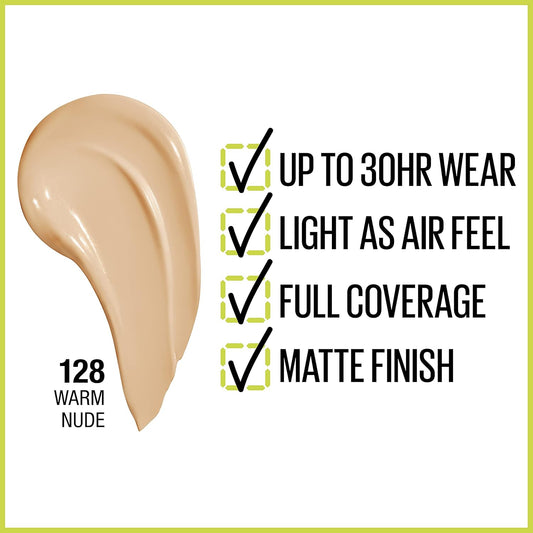 Maybelline Super Stay Full Coverage Liquid Foundation Active Wear Makeup, Up To 30Hr Wear, Transfer, Sweat & Water Resistant, Matte Finish, Warm Nude, 1 Count