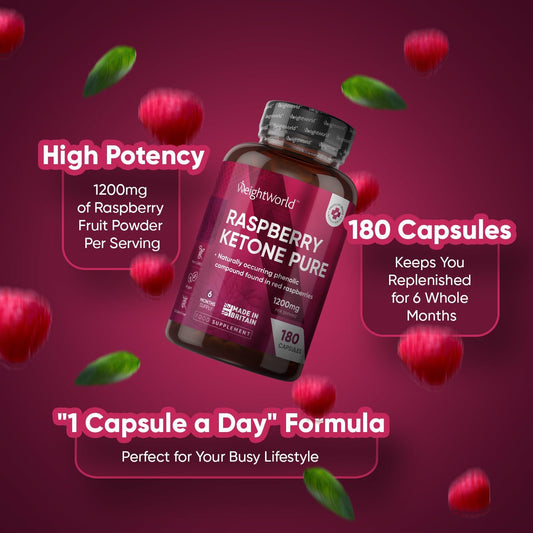 Pure Raspberry Ketones - 180 Capsules - 1200Mg High Strength - 6 Months Supply - Vegan Raspberry Ketone Capsules For Men & Women - Suits Low Carb & Keto Diet - Feel Fuller & Lighter - Made In The Uk