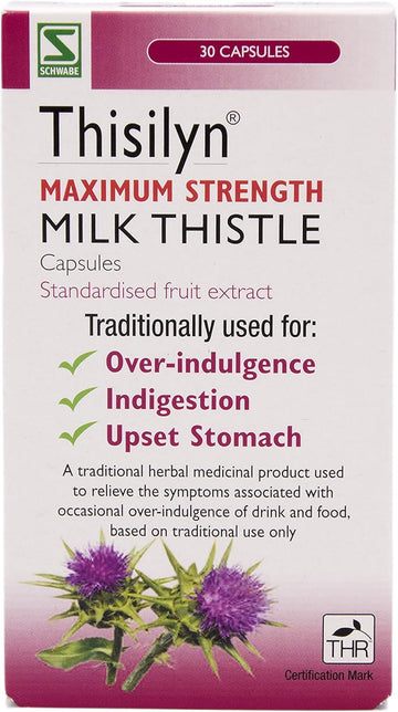 Schwabe High Strength Milk Thistle - Thisilyn Maximum Strength - Traditionally Used For Relief Of Overindulgence, Indigestion, Upset Stomach - Traditional Herbal Medicinal Product - 30 Capsules