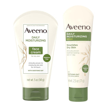 Aveeno Daily Moisturizing Fragrance-Free Face & Neck Cream, Oat Facial Moisturizer For Dry Skin, 5 Oz, & Aveeno Daily Moisturizing Body Lotion With Soothing Oat, 2.5 Oz (2 Item, Product Bundle)