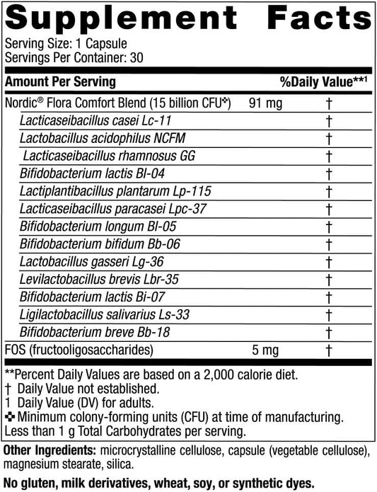 Nordic Naturals Nordic Flora Probiotic Comfort - 30 Capsules - 13 Probiotic Strains w/ 15 Billion Cultures - Supports Regularity & Digestive Comfort, Alleviates Bloating - Non-GMO, Vegan - 30 Servings