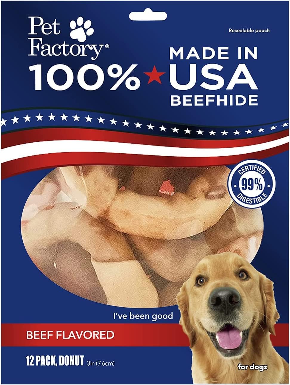 Pet Factory 100% Made In Usa Beefhide 3" Donuts Dog Chew Treats - Beef Flavor, 12 Count/1 Pack