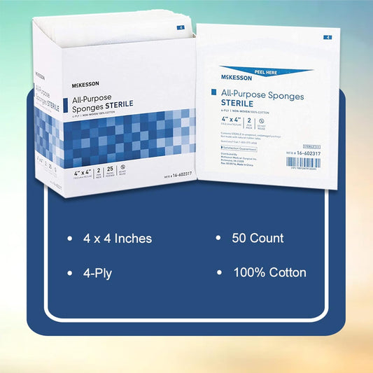 Mckesson All Purpose Sponges, Sterile, 4-Ply, 100% Cotton, 4 In X 4 In, 2 Per Pack, 25 Packs, 50 Total