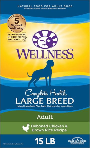 Wellness Complete Health Large Breed Dry Dog Food With Grains, Natural Ingredients, Made In Usa With Real Meat (Adult, Chicken & Rice, 15-Pound Bag)