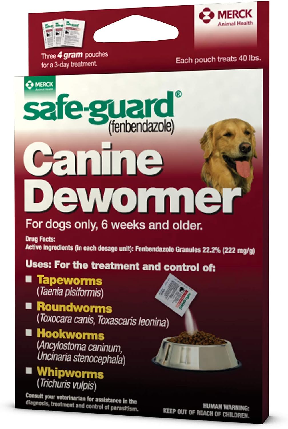 Safe-Guard (fenbendazole) Canine Dewormer for Dogs, 4gm pouch (ea. pouch treats 40lbs.)