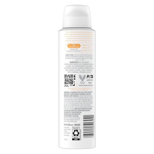 Dove Whole Body Deodorant Cooling Spray Peach & White Tea Aluminum Free 4Oz
