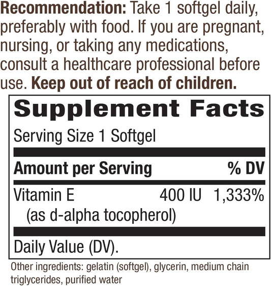 Nature?s Way Vitamin E D-Alpha Tocopherol - 268 mg per serving - Antioxidant ? Essential Nutrient for Heart Muscle Cells* - Gluten Free - 100 Softgels