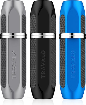 Travalo Vector Perfume Atomizer Bundle - Leak-Proof And Tsa Approved For Air Travel - Reusable, Easy Fill Mini Sprayer - Lightweight, Stylish Metal Outer Case - Silver, Blue, Black - 3 Pack