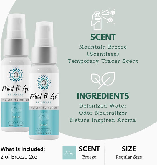 Mist N' Go by OMAZE Breeze Scent Toilet Spray For Poop - Bathroom Spray Odor Eliminator Use Before You Sit On Toilet - Bathroom Poop Spray For Toilet Use For Travelling - Regular Size (2oz x2)