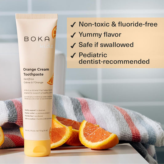 Boka Fluoride Free Toothpaste- Nano Hydroxyapatite, Remineralizing, Sensitive Teeth, Whitening- Dentist Recommended For Adult, Kids Oral Care- Orange Cream Flavor, 4Oz 1Pk - Us Manufactured