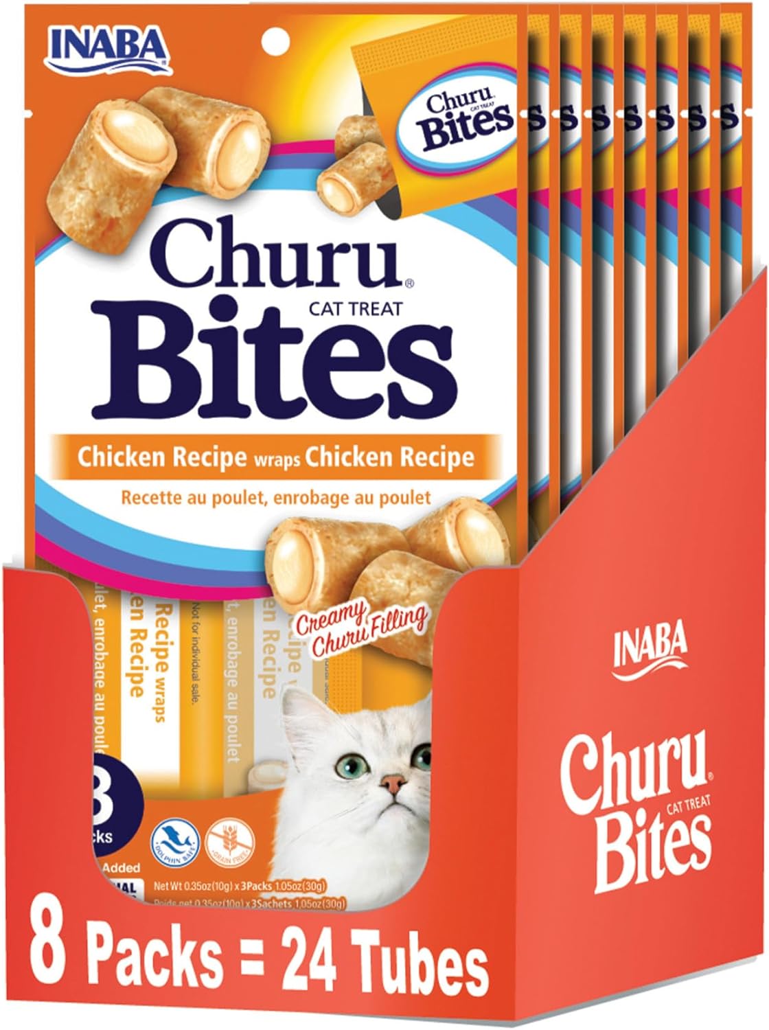 INABA Churu Bites for Cats, Soft Baked Chicken Churu Filled Cat Treats with Vitamin E, 0.35 Ounces Each Tube, 24 Tubes Total (3 per Pack), Chicken Recipe