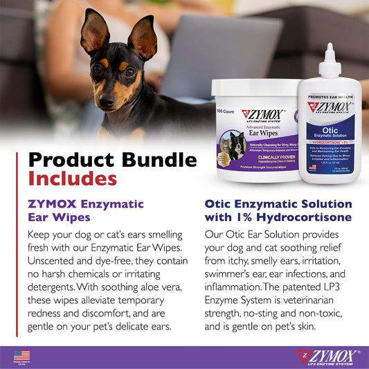 Zymox Enzymatic Ear Wipes And Otic Ear Solution For Dogs And Cats - Product Bundle - For Dirty, Waxy, Smelly Ears And To Soothe Ear Infections, 100 Count Wipes And 8Oz Bottle