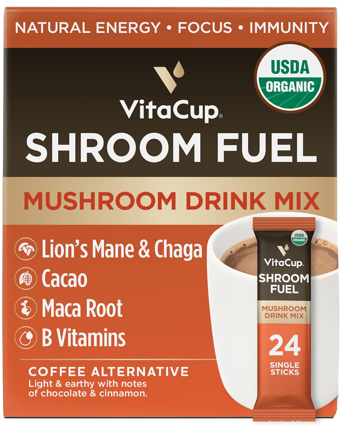 Vitacup Shroom Fuel, Mushroom Based Instant Coffee Alternative Packets, Mushroom Coffee Substitute W/Cacao, Cinnamon, Chaga, Lions Mane, & Maca For Energy, Immune Support, & Focus, 24Ct