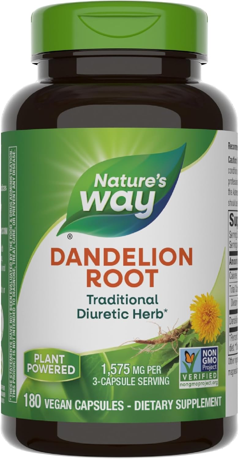 Nature'S Way Dandelion Root, Traditional Diuretic Herb*, Traditionally Used To Soothe Digestive Upset*, Vegan, 180 Capsules (Packaging May Vary)