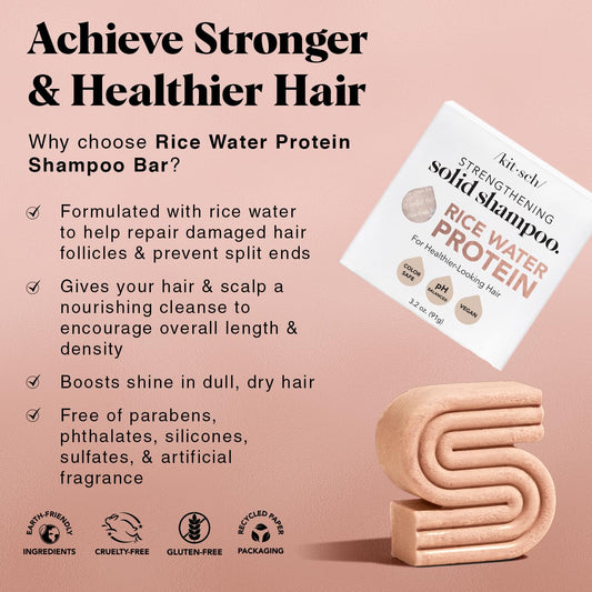 Kitsch Rice Water Shampoo Bar - Dry Hair Shampoo & Soap Bar For Hair Care - Women And Mens Shampoo - Strengthens Damaged Hair - Vegan, Paraben-Free, Sulfate-Free – All Hair Types, Made In Usa - 3.2Oz