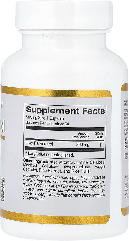 Resveratrol, 98% Pure Trans-Resveratrol, Free Of Emodin & Pahs, Italian Sourced, 200 Mg, 60 Veggie Capsules