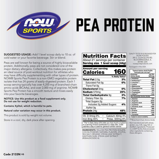 Now Foods Sports Nutrition, Pea Protein 24 G, Easily Digested, Creamy Chocolate Powder, 2-Pound