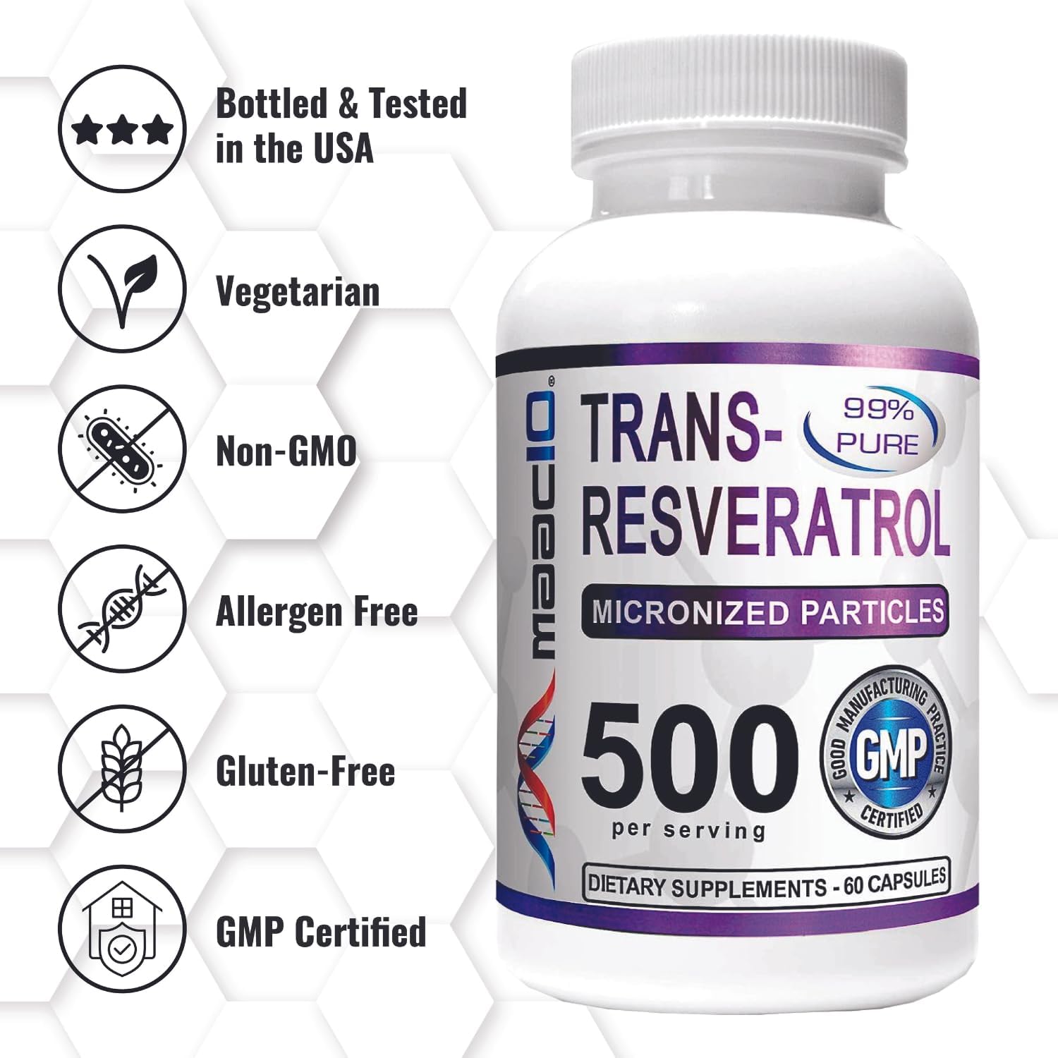 Maac10 Trans Resveratrol 500Mg Supplement (Micronized Pharmaceutical Grade 99% Pure Trans-Resveratrol Extract + Bioperine For Superior Absorption) (2X 250Mg Capsules 60Ct) : Health & Household