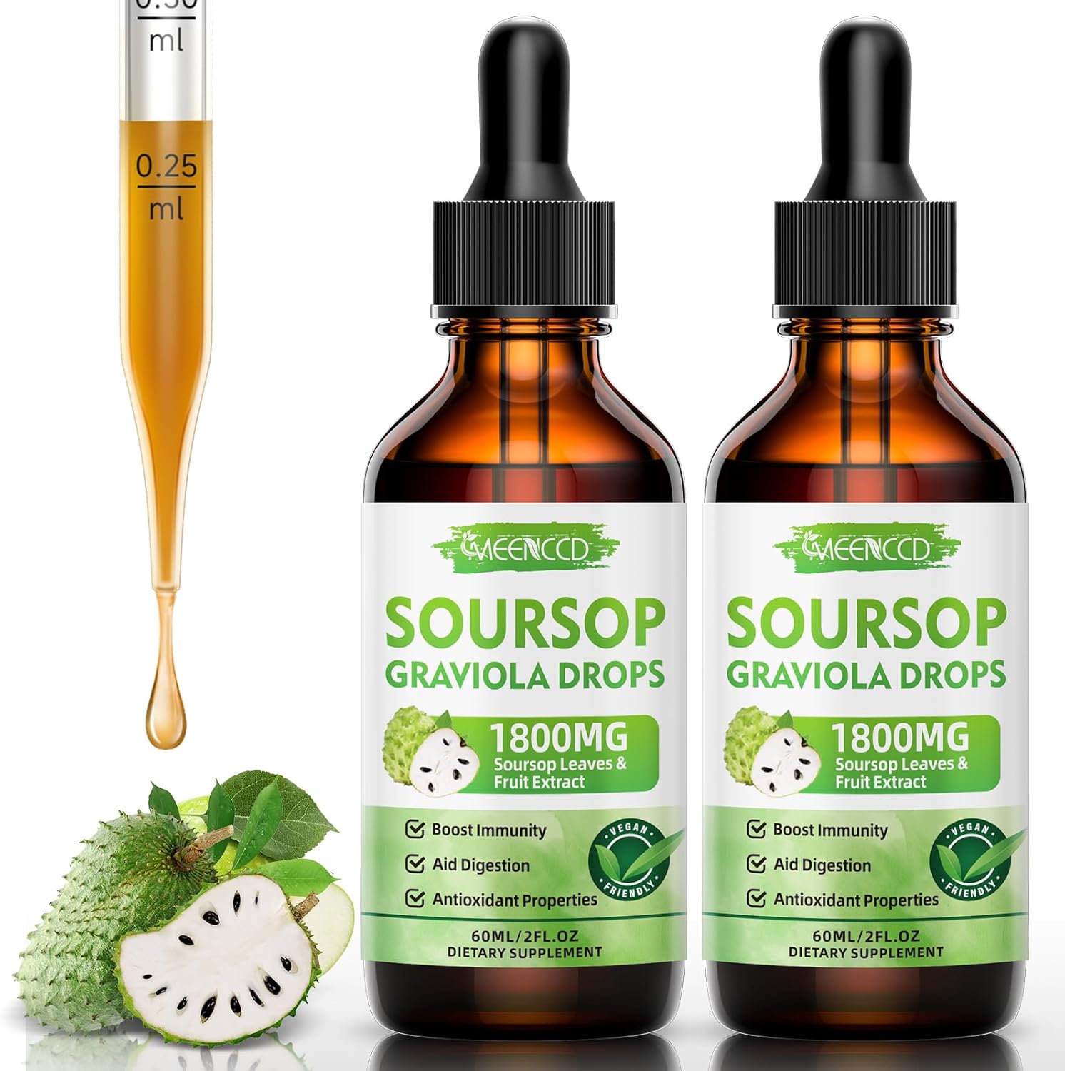 Soursop Graviola Liquid Drops 1800Mg For Cell Support & Regeneration, Immune Boost, Relax, Liver And Zzz, Soursop Bitters Liquid, Herbal Goodness, Vegan, Sugar Free, Apple Flavor, 4 Fl Oz