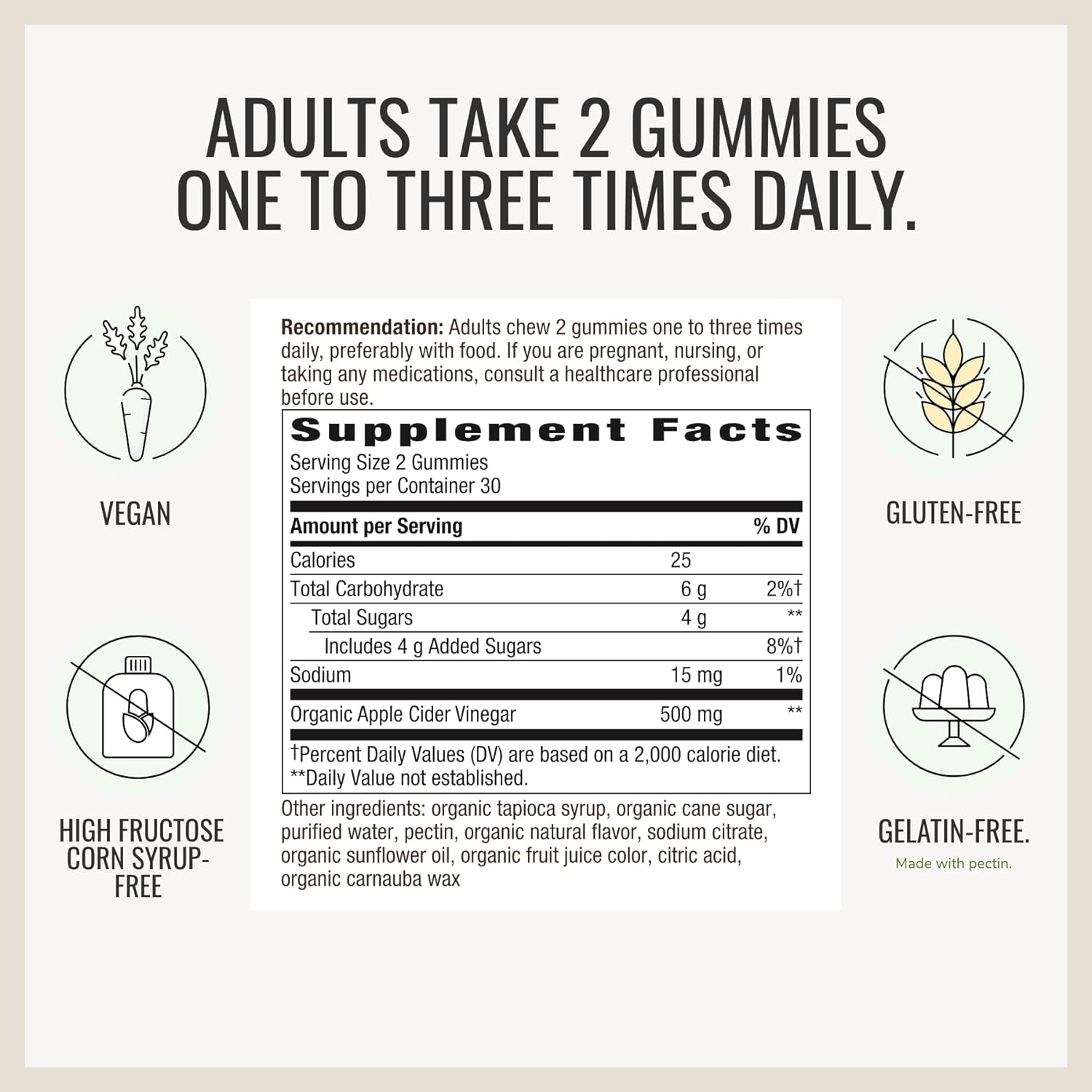 Nature's Way Organic Apple Cider Vinegar Gummies, Apple Flavored, 500 mg, 60 Gummies