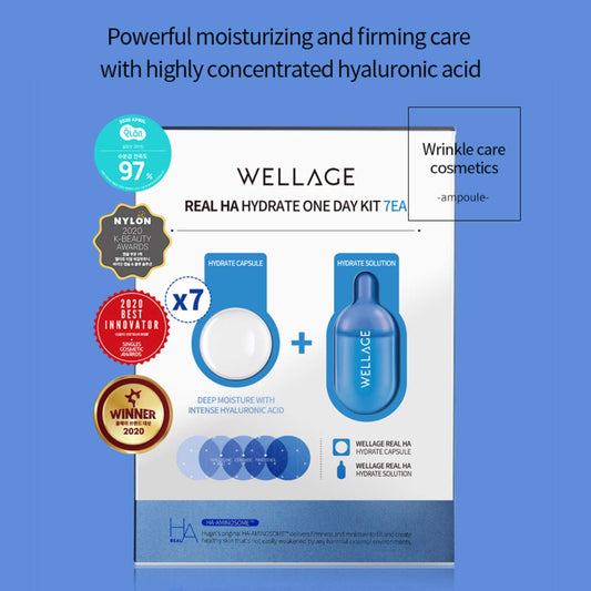 Wellage Real Ha Hydrate One Day Kit 7Ea, Firming And Moisturizing Care, High Concentration Hyaluronic Acid Serum For Dry And Sensitive Skin, Clear Blue Formula With 8 Herbal Extracts