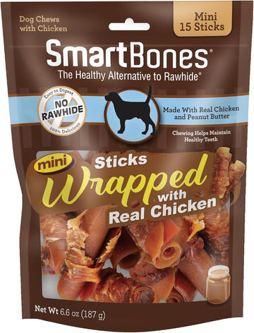 Smartbones Mini Chicken-Wrapped Sticks, Treat Your Dog To A Rawhide-Free Chew Made With Real Peanut Butter, 15 Count