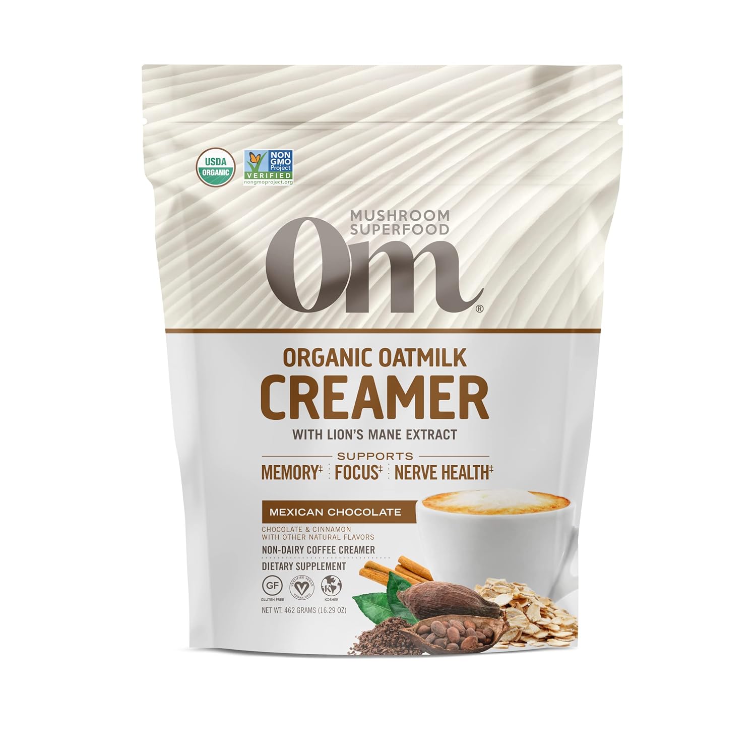 Om Mushroom Superfood Oatmilk Adaptogen Creamer, Non-Dairy, Mexican Chocolate, 16.29 , 100 Servings, Organic Lion's Mane Extract, Supports Memory, Focus & Nerve Health