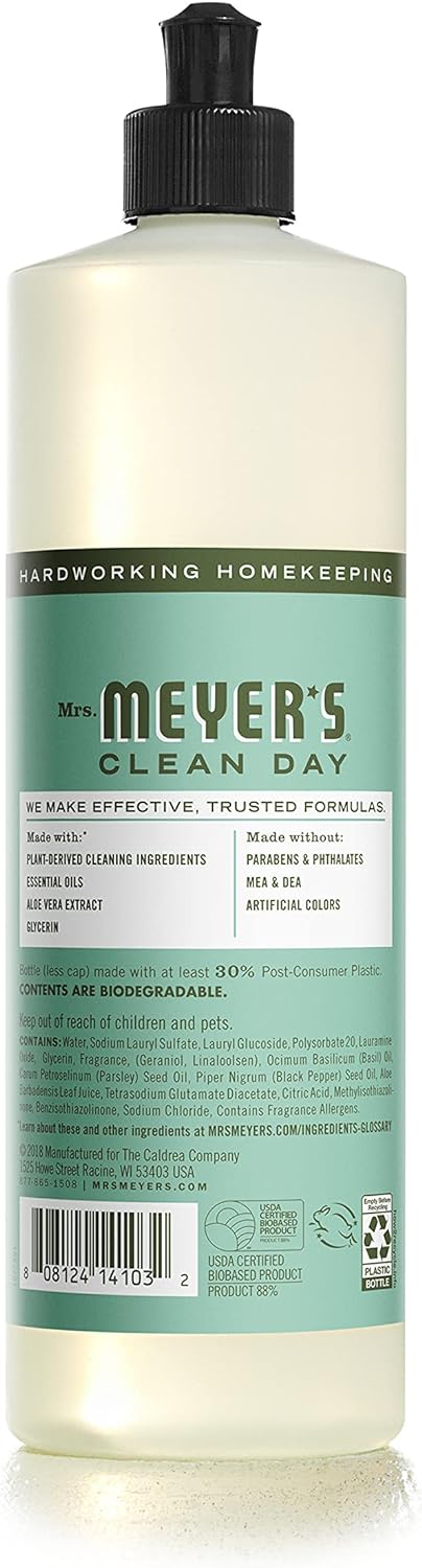MRS. MEYER'S CLEAN DAY Liquid Dish Soap, Biodegradable Formula, Basil, 16 fl. oz - Pack of 3
