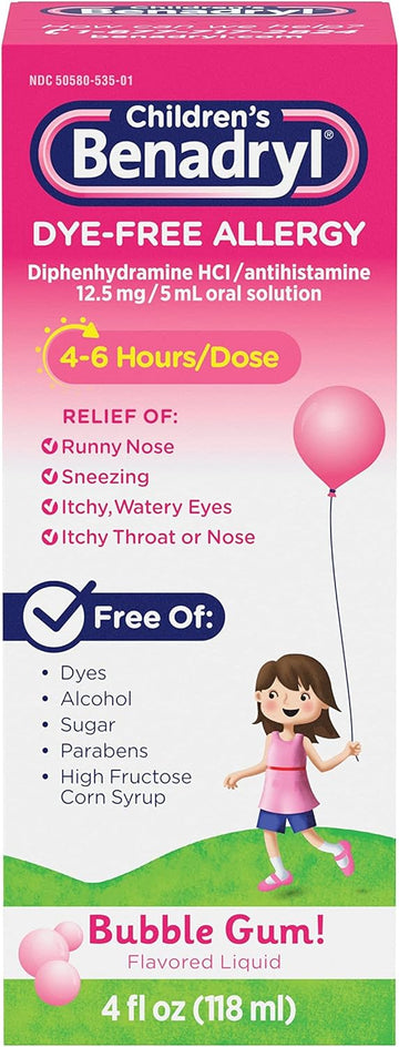 Benadryl Children'S Dye-Free Allergy Liquid Medication With Diphenhydramine Hcl, Antihistamine Allergy Relief Medication For Kids, Alcohol-Free, Bubble Gum Flavor, 4 Fl. Oz