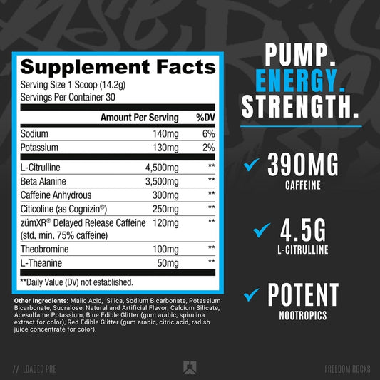 RYSE Up Supplements Loaded Pre Workout Powder Supplement for Men & Women | Pumps, Energy, Focus | Beta Alanine + Citrulline | 390mg Caffeine | 30 Servings (Freedom Rocks)