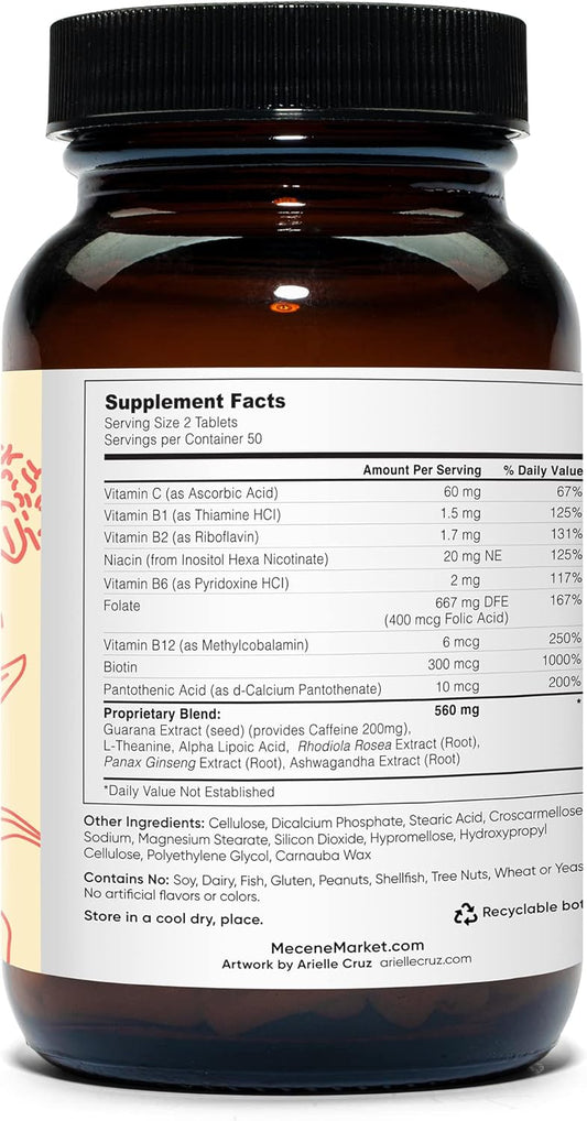 Mecene Guarana Caffeine Pills - Natural Energy Supplement With Vitamin B12, B1, B2, B6, L-Theanine, 100 Vegetarian No Doze Caffeine Tablets