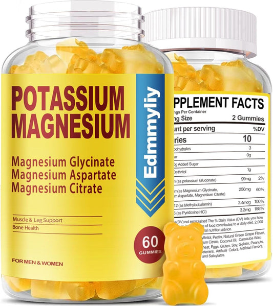 Potassium Magnesium Supplement Gummies For Adults High Absorption Potassium Gluconate 99Mg Magnesium Citrate 250Mg With Vitamin B6 B12 Supports Mood, Energy, Muscle Relaxation, Bone Health, Sugar Free