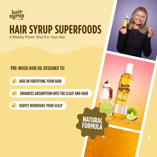 Hair Syrup | Superfoods Pre-Wash Hair Oil | Enriched With Coconut, Kiwi & Line | For Damaged, Dehydrated Hair Needing Tlc | 12 Nutrient-Rich Ingredients | 100% Natural | 300Ml Pump Bottle Applicator