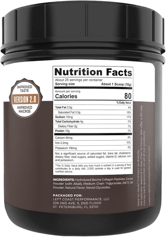 Left Coast Performance Keto Collagen Protein Powder Chocolate, 10g Grass-Fed Collagen, 5g MCT Powder, 1lb, 25 Servings, No Carb Protein Powder, Low Carb Meal Replacement Shakes, Ketogenic Shake Mix