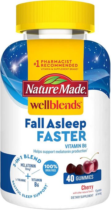 Nature Made Wellends Fall Asleep Faster, Sleep Aid with Melatonin 10mg, Vitamin B6, and L theanine 100 mg, 40 Gummies