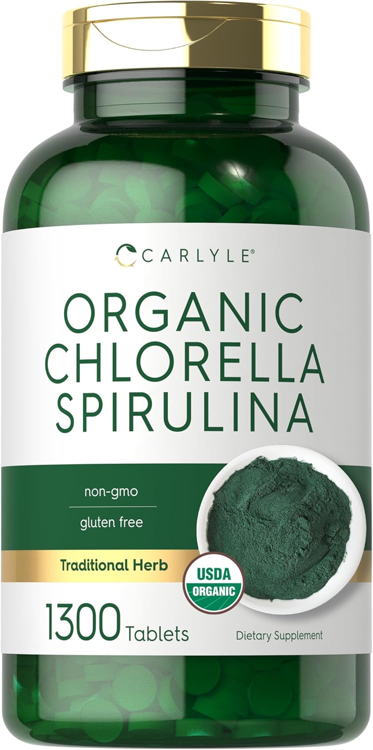 Carlyle Organic Chlorella Spirulina Tablets | 1300 Count | 50/50 Blend | Non-Gmo And Gluten Free