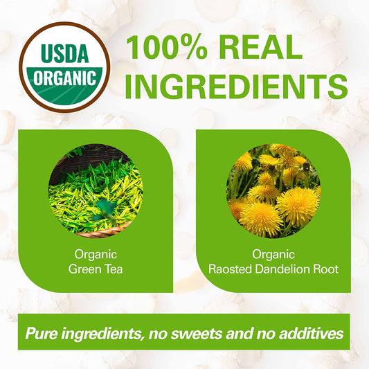Wt Weetee Organic Green Tea Dandelion, Made Of Organic Roasted Dandelion Root And Green Tea, 50 Tea Bags, Rich In Antioxidants & Liver Support