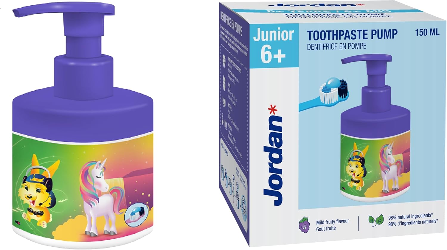 Jordan ® | Junior Toothpaste Pump | Toothpaste On A Pump Dispenser Equivalent To 3 Regular Tubes | Innovative And Convenient Solution Developed For Children | 6-12 Years | Grape | 1450Ppm | 150 Ml