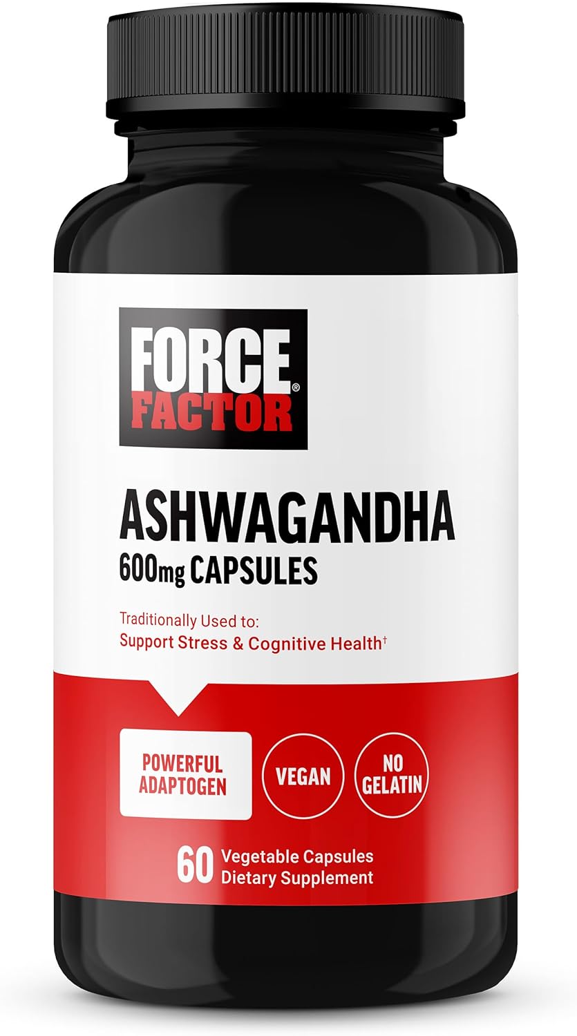 FORCE FACTOR Ashwagandha Supplements Made with Premium Vegan Ashwagandha Powder, Adaptogens to Support Stress and Cognitive Health, No Gelatin, Non-GMO, 60 Capsules