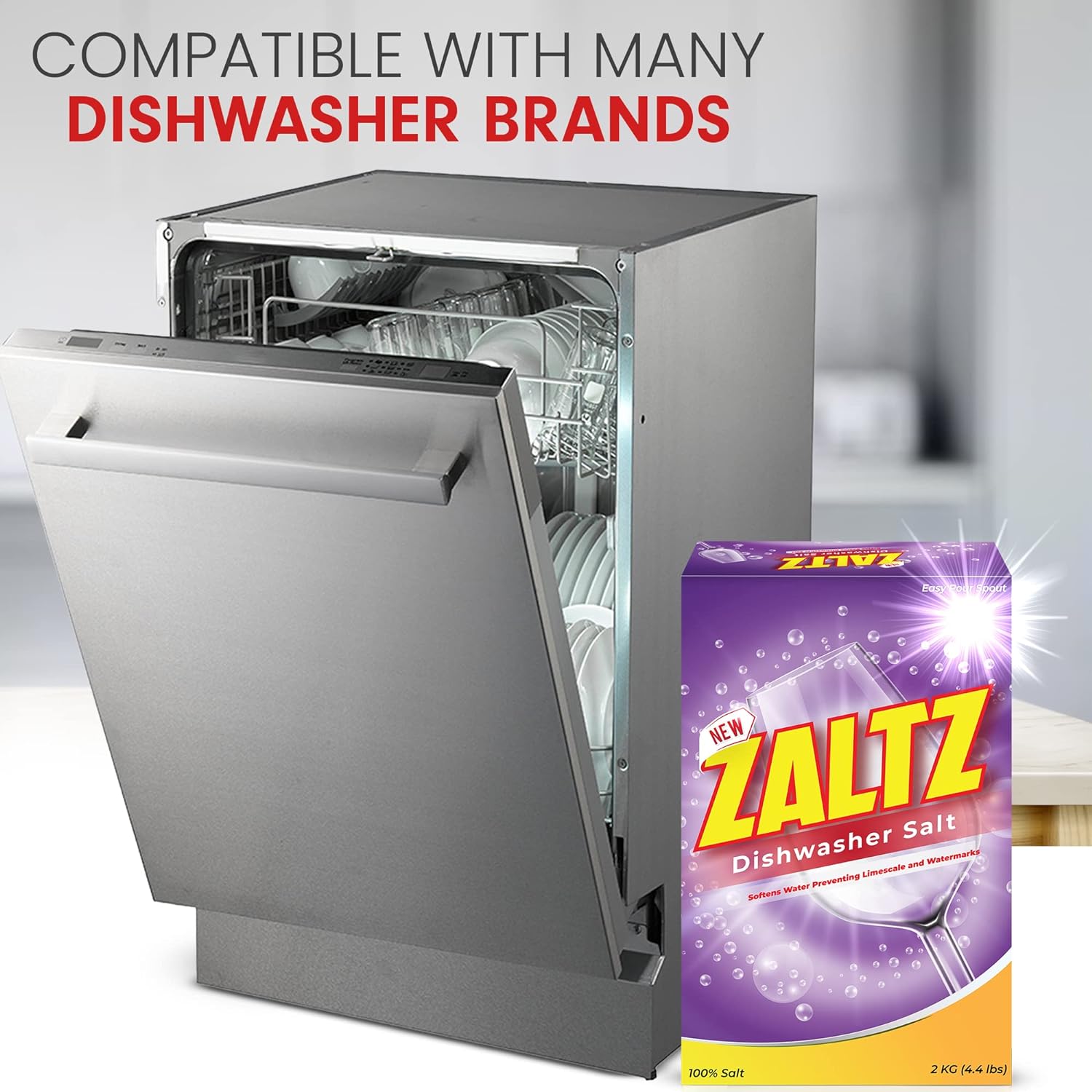 Zaltz Dishwasher Salt - Dishwasher Rinse Aid, Water Softener, Dishwasher Cleaner, Rinse Aid, Easy Pour Spout, Real Salt For Dishwasher, 4.4 lb Box : Health & Household