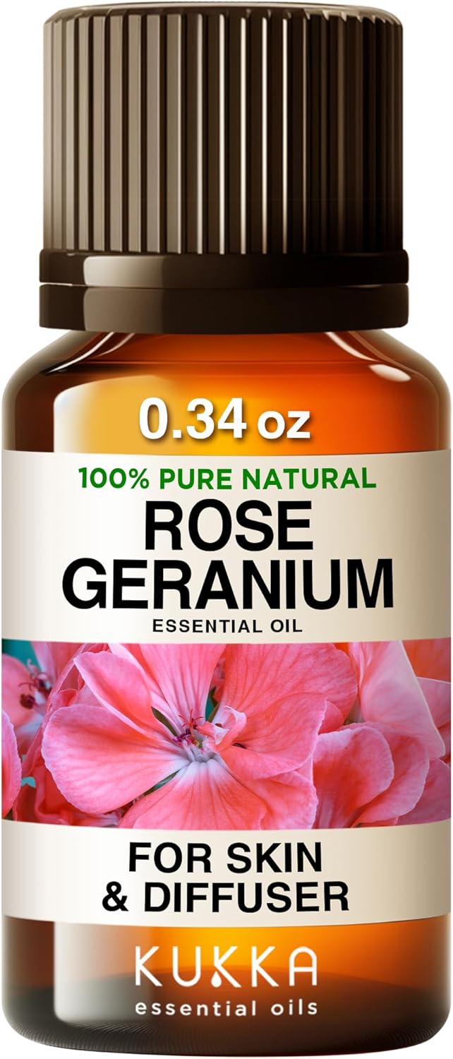 Kukka Rose Geranium Essential Oil For Skin - 100% Natural Geranium Oil For Diffuser - Rose Geranium Essential Oil For Aromatherapy - Soap Making Scent & Diy (0.34 Fl Oz)