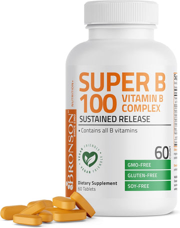 Bronson Vitamin B 100 Complex High Potency Sustained Release (Vitamin B1, B2, B3, B6, B9 - Folic Acid, B12), 60 Tablets