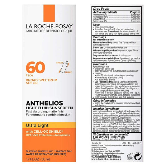 La Roche-Posay Anthelios Light Fluid Facial Sunscreen Spf 60 | Lightweight Sunscreen For Face | Fluid Texture | Broad Spectrum Spf + Antioxidants | Oil Free & Oxybenzone Free | Travel Size 1.7 Fl. Oz