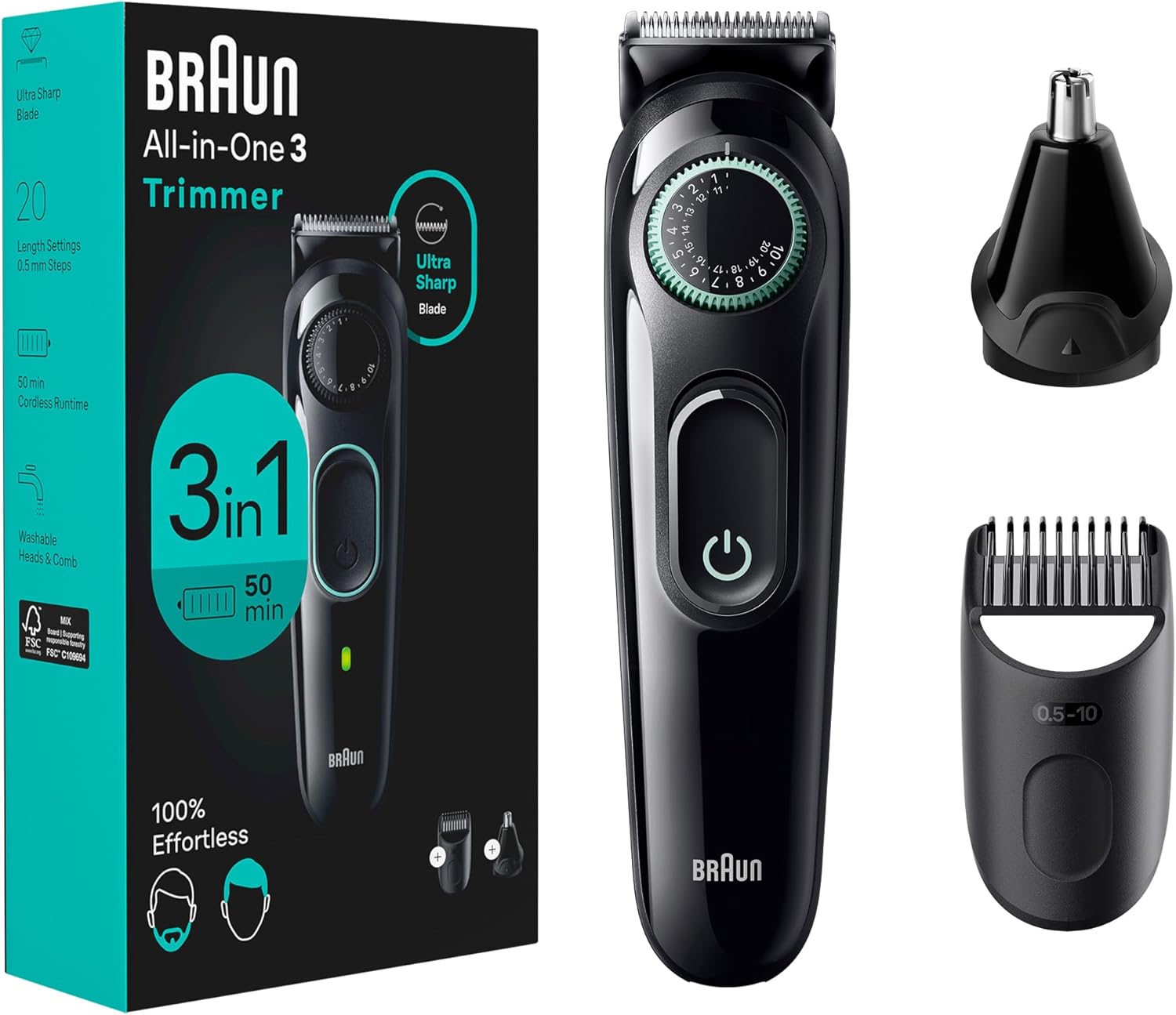 Braun All-In-One Style Kit Series 3 3430, 3-In-1 Trimmer For Men With Beard Trimmer, Ear & Nose Trimmer, Hair Clippers, Ultra-Sharp Blade, 20 Length Settings, Washable